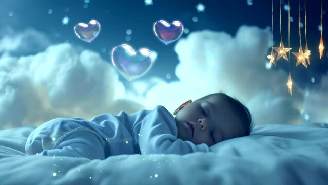 a boy baby kid child sleep at night on cloud with stars lullaby concept relax video animation looping background