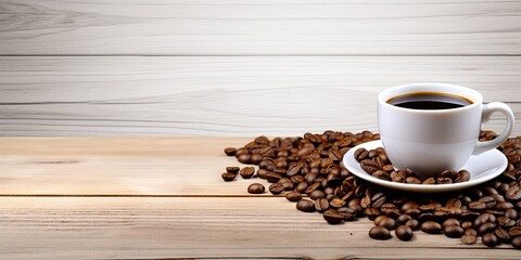 Coffee cup with beans on wooden table and white background for text.