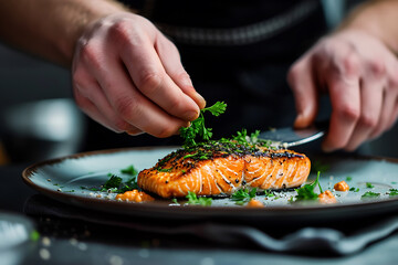 close-up of a chef's hands decorating a salmon steak in a restaurant