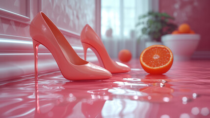 apricot crush two High heel fashion shoes .,3d visualization, advertising photo, generative ai