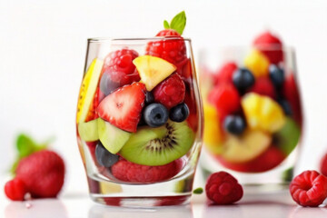 Fresh fruits salad in glasses isolated on white. Generative AI.