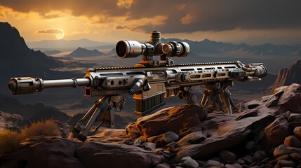 An AI-guided sniper rifle, perched on a strategic vantage point, surveys a vast desert landscape, its targeting system locked onto potential threats with precision - obrazy, fototapety, plakaty
