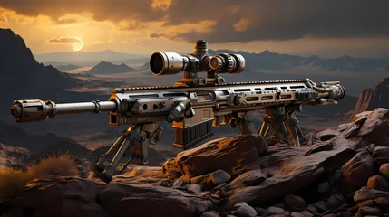 Deurstickers An AI-guided sniper rifle, perched on a strategic vantage point, surveys a vast desert landscape, its targeting system locked onto potential threats with precision © AI