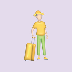 Traveling with a bag or suitcase concept. Realistic 3d object cartoon style.