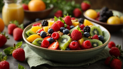 Fresh fruit and berry salad,healthy eating. Generative AI.