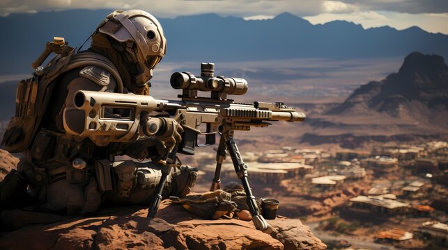 An AI-guided sniper rifle, perched on a strategic vantage point, surveys a vast desert landscape, its targeting system locked onto potential threats with precision