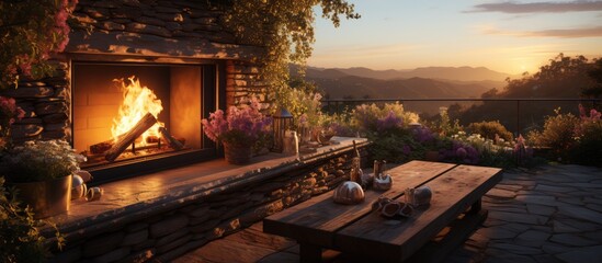 Fireplace with natural view at sunset - obrazy, fototapety, plakaty