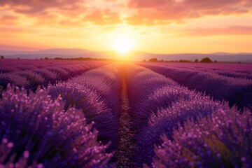 Blooming lavender fields at sunset
