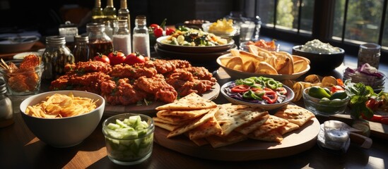 food buffet table dishes, Pizza, hamburgers, fried chicken