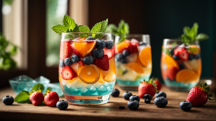 Infused detox water with orange strawberry blueberry and mint ice cold. Generative AI. - obrazy, fototapety, plakaty