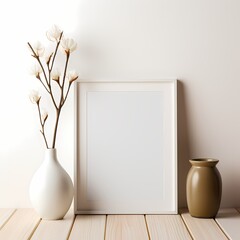vertical warm color Wooden Picture Frame Leaning On A White Background with flower decoration and wooden floor