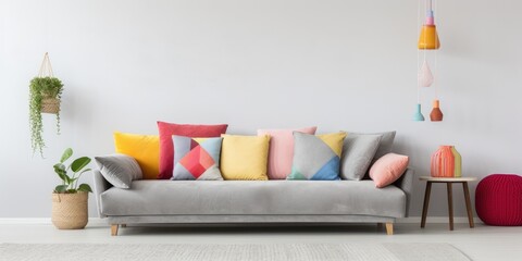 Chic living room with grey couch and colorful pillows.