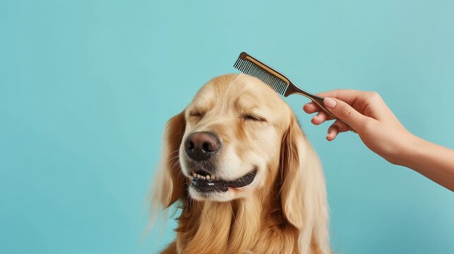 Grooming of a Golden Retriever with a comb on a blue background. AI.