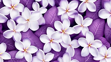 Creative pattern from beautiful white flowers frangipani plumeria alba on violet background,generative ai