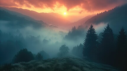 Sunrise Unfolds in the Mountain Mist. Generative AI.
