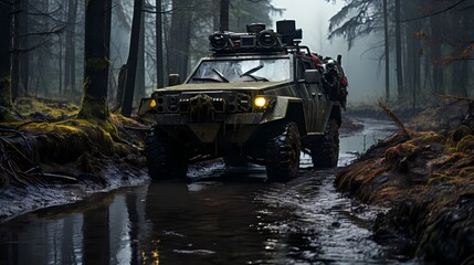 Fototapeta na wymiar Armored personnel carrier navigating through a swampy terrain during a training exercise