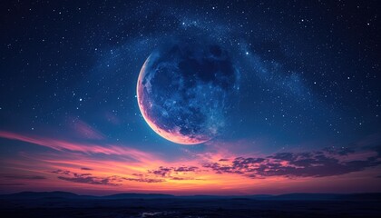 A crescent moon and stars in the night sky. The crescent moon is shining bright in the sky and is surrounded by stars. The background is a beautiful gradient of blue and purple