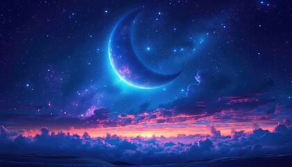 A crescent moon and stars in the night sky. The crescent moon is shining bright in the sky and is surrounded by stars. The background is a beautiful gradient of blue and purple