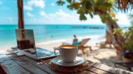 cup of coffee and laptop on table near the beach summer window , generative ai. - obrazy, fototapety, plakaty