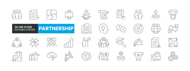 Set of 36 Partnership line icons set. Partnership outline icons with editable stroke collection. Includes Team, Collaboration, Growth, Leadership, Brainstorming, and More.