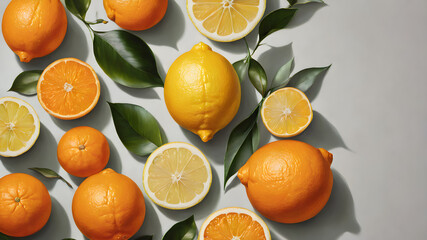 oranges and tangerines with leaves on a white table