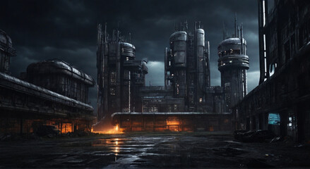 old futuristic abandoned factory, dystopian, dark