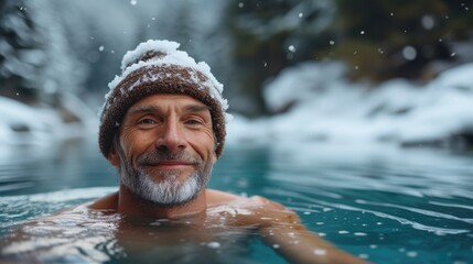 Elderly bathing in the cold water outdoor  in a frozen and snowy lake. Wim Hof Method, cold water therapy, a revolutionary cold plunge ice bath