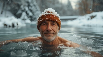 Concept of a cold water therapy. A Revolutionary Cold Plunge Ice Bath. People taking ice bath outdoor in a frozen and snowy lake