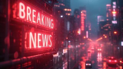 A realistic 3-d graphic with the words "BREAKING NEWS". Bold letters.   Neon.  Graphic Resource.  