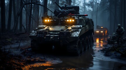 Armored personnel carrier navigating through a swampy terrain during a training exercise