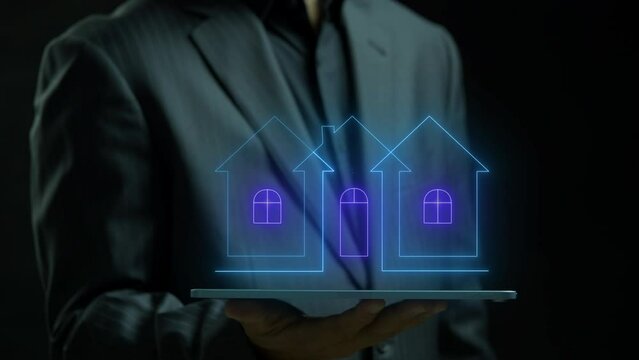 Businessman showing glowing neon line of house icon. Home insurance or property development planning, investment ideas about real estate companies, financial success and growth concept.
