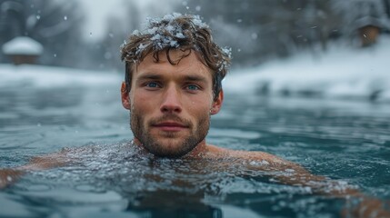  A Revolutionary Cold Plunge Ice Bath. Cold  Therapy. Young man in ice water winter,  hole of a frozen and snowy lake. 