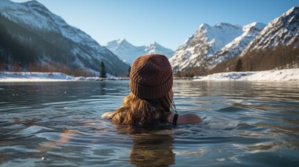  A Revolutionary Cold Plunge Ice Bath. Cold Water Therapy. Woman in winter hat taking ice bath outdoor  cold water of a frozen and snowy lake.  - obrazy, fototapety, plakaty