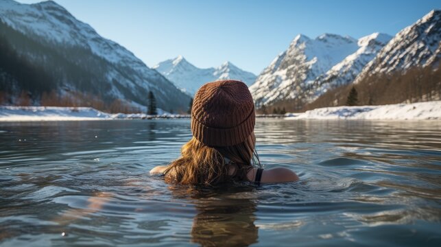  A Revolutionary Cold Plunge Ice Bath. Cold Water Therapy. Woman in winter hat taking ice bath outdoor  cold water of a frozen and snowy lake. 
