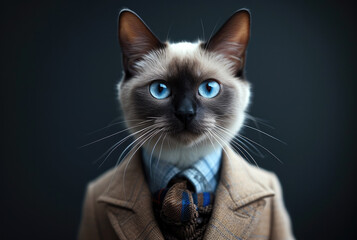 Siamese cat in business suit on dark background. Generative AI.