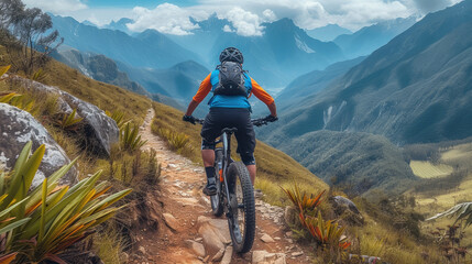 Mountain biker riding on a rugged trail in the high mountains. Generative AI. - obrazy, fototapety, plakaty