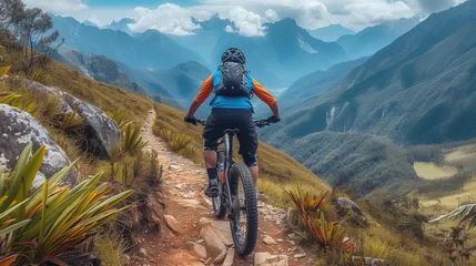 Foto op Plexiglas Mountain biker riding on a rugged trail in the high mountains. Generative AI. © visoot