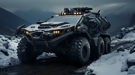 Armored reconnaissance vehicle navigating through a snow-covered landscape