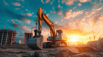 Excavetror working at construction site with underconstruction site background during sunset time, generative ai