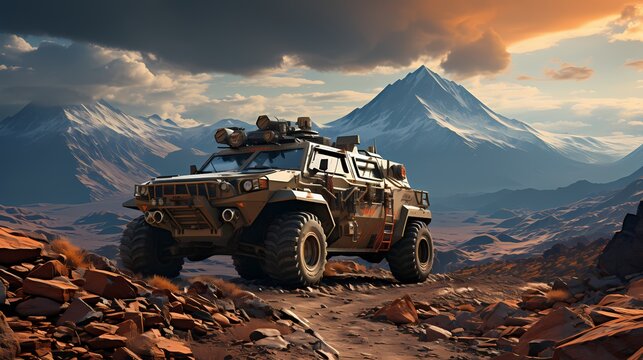 Armored reconnaissance vehicle surveying a vast desert landscape during a military exercise