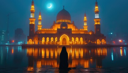 A silhouette of a person praying in front of a mosque. The person is standing in front of a beautifully lit up mosque and is praying towards the crescent moon in the sky