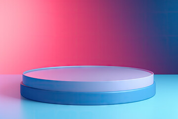 Minimal abstract mockup background for product presentation. Blue and pink blending gradient podium. 3d render illustration.