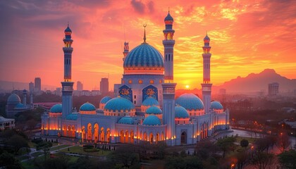 A mosque with a beautiful sunset in the background. The mosque is beautifully lit up and the sunset is casting a warm glow over the entire scene - obrazy, fototapety, plakaty