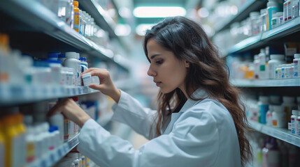 Woman in white coat picking pills out of shelves. Generative AI.
