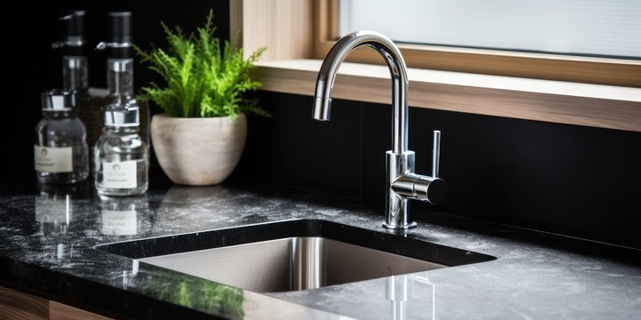 Compact undermount kitchen faucet with built-in water filter for reverse osmosis or filtration system, with high pressure laminate (HPL) countertop. Sink made of granite composite, installed in the
