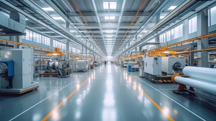 Modern manufacturing factory, clean and bright. Generative AI.