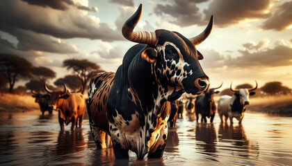 The Nguni is a cattle breed indigenous to Southern Africa.This indigenous breed offers outstanding beef production under harsh African conditions - obrazy, fototapety, plakaty