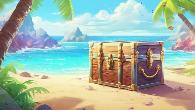 a treasure chest that opens and sparkles on a mysterious beach. Cartoon or anime painting illustration style.  seamless looping overlay 4k virtual video animation background 