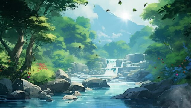 Beautiful Fantasy Summer Natural Scenery Background. Cartoon or anime watercolor digital painting illustration style. seamless looping overlay 4k virtual video animation background 