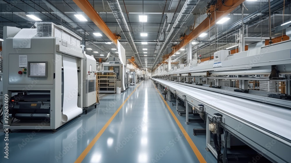 Poster the production floor of a big digital printing company with large print machines printing packaging 